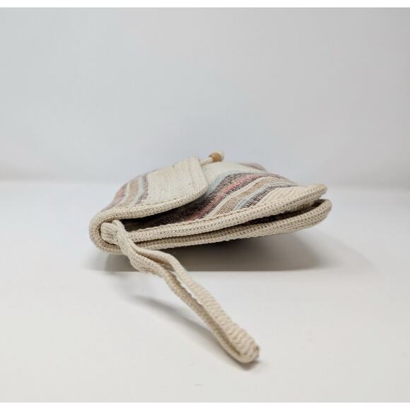 Vintage 80s Clutch Purse Beige Colorful Stripe Woven Bag - Picture 4 of 9